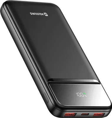 Produktbild von Swissten, Externer Akku 10000mAh mit USB-C und 2 USB LED-Anzeige Kompakt, Schwarz