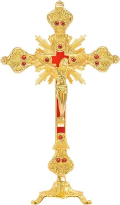 Productafbeelding van Staande Kruisifix - Tafelkruis Jezus - Thuisdecoratie Religieus - Gedetailleerd Metaal Goud - 33 cm hoog - Goud Rood