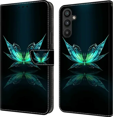 Produktbild von CLM-Tech Hülle kompatibel mit Samsung Galaxy A54 5G - Tasche aus Kunstleder - Klapphülle mit Ständer und Kartenfächern, schwarz türkiser Schmetterling