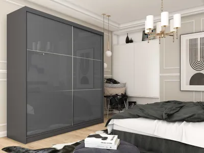 Produktbild von Schwebetürenschrank Viva, Kleiderschrank mit 2 Türen, Moderne Garderobe in Farbe: Graphit / Graphit, Schrank in Größe: 200 x 216 x 61 cm