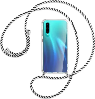 Produktbild von Handykette Backcover-Schutzhülle mit Band (Metall silberfarben) für Huawei P30 - schwarz/weiß gestreift