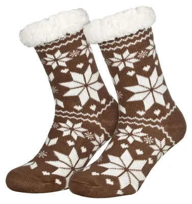 Teddy-Plüschfutter - Haussocken Norweger-Look Bettsocken - Dicke Stoppersocken Rutschfeste Hausschuh-Ersatz Socken Cosyshoes Eiskristall Braun