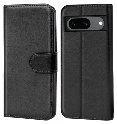 A black book-style phone case for a Google Pixel 8a is shown from the front and back.