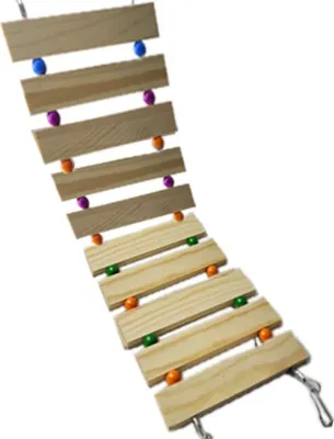 A wooden bird toy with colorful beads, suspended by chains.