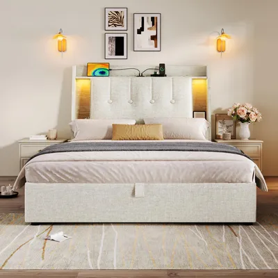 A bedroom scene featuring a bed with integrated lighting and storage.