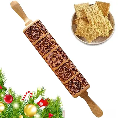 Image de Rouleau en bois à motifs pour biscuits et pâtisseries