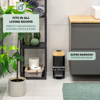 Image de bremermann Poubelle avec couvercle en bambou, Poubelle de salle de bain avec Soft-Close, 5 l, noir