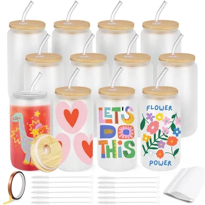 Immagine prodotto di Bicchieri in vetro sublimabili da 16 once, confezione da 12 pezzi, con cannucce e coperchi, ideali per cocktail, whisky, succhi di frutta e tè