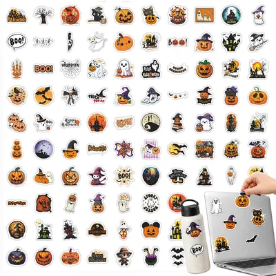 100 Halloween-Sticker, wasserdicht, wiederverwendbar, PVC, 6–8 cm