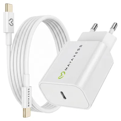 Immagine prodotto di Mayaxess, alimentatore da 20 W per iPhone 16 + cavo USB-C da 1 m, bianco