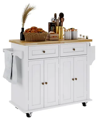 Produktbild von Küchenwagen mit Rollen, Buffet, Bar, Insel, großer Arbeitsplatz, Handtuchhalter, Schubladen und Türen, Weiß/Ahorn, 90 x 45 x 82,5 cm