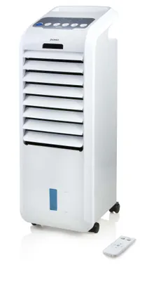 A white air cooler with a blue water level indicator and a remote control on a white background.