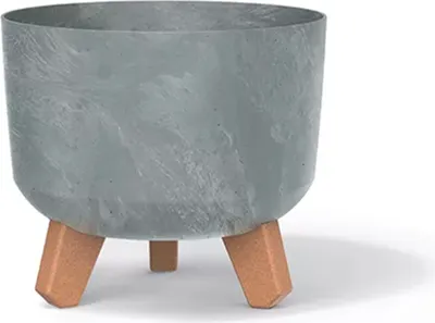 A gray planter with a concrete effect and three wooden legs, isolated on a white background.