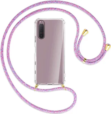 Produktbild von Handykette Backcover-Schutzhülle mit Band (Metall goldfarben) für Sony Xperia 5 II - lila/rosa/blau