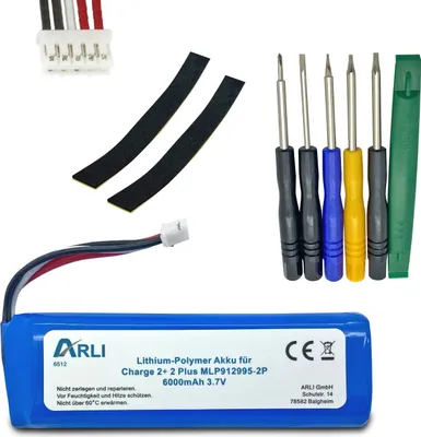 A collection of items for a battery replacement, including a battery, screwdrivers, and adhesive strips.