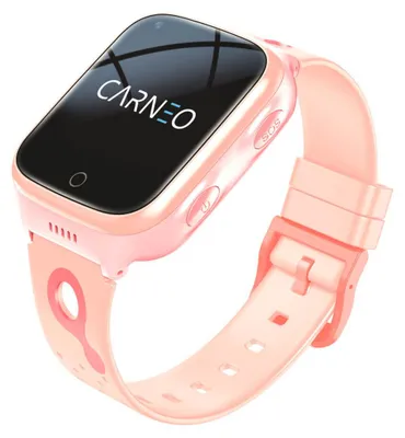 A pink CARNEO GuardKid+ 4G smartwatch with a sport band is shown against a white background.
