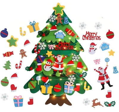 Produktbild von Weihnachtsbaum mit Lichterkette, DIY-Weihnachtsbaum aus Filz mit 32 abnehmbaren Ornamenten, handgefertigte Weihnachtsdekoration, 100 cm