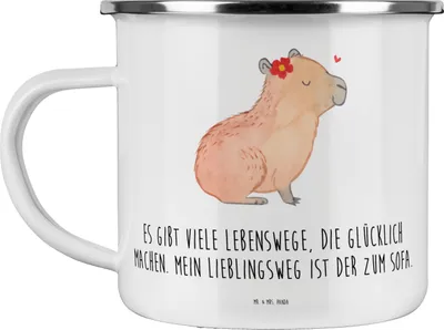 Produktbild von Mr. & Mrs. Panda Teetasse Capybara Blume - Weiß - Geschenk, Emaille Tasse, Pott, Lustige Sprüche, Haferl, becher, Teebecher