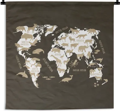 Produktbild von MuchoWow® Wandteppich Wandbehang Weltkarte - Weiß - Tiere 150x150 cm Tapisserie Dekoration Wandtuch - Wohnaccessoires - Modernes