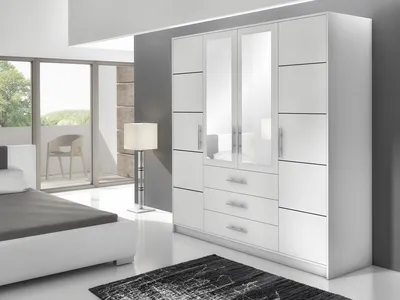 Produktbild von Kleiderschrank mit 4 türen BALI D4, Garderobenschrank mit Spiegel, Sideboard mit 3 Schubladen (Weiß)