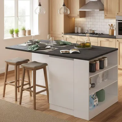 Immagine prodotto di Dmora Isola da Cucina Abern 90x160x90h cm Bianco Lucido, Modulabile 7 Vani Italy