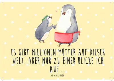 Produktbild von Mr. & Mrs. Panda Schild Pinguin mit Kind DIN A4 - Gelb Pastell - Geschenk, Mom, Muttertag, Dekoschild, Pinguine, tafel, Mama, Wandbild, Retro Blechschild, Familie, Mutter