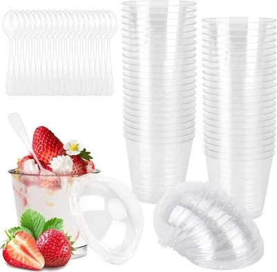 Produktbild von 50 Stück herstellbare Kunststoff-Dessertgläser - DIY Dessertgläser - 200 ml - mit Löffeln und Deckel - Mini-Dessertgläser für Pudding - Geburtstagsfeiertagsausstattung