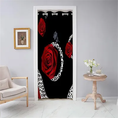 Obrázok produktu pre Termo-záclona s okami, 117x138 cm, čierna, vzor červených ruží, zatemňovacia, vhodná ako priestorový delič