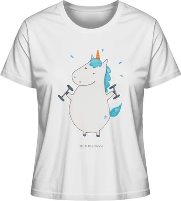 Produktbild von Mr. & Mrs. Panda Damenshirt Einhorn Fitness Größe L - Weiß - Geschenk, Damen Oberteil, Gym, Sommershirt, Unicorn, shirt, Fitnessstudio, Sport, T-Shirt, Basic