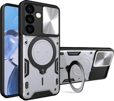 Immagine prodotto di Custodia per Samsung Galaxy S24 a doppio strato con copertura della fotocamera e supporto ad anello Argento