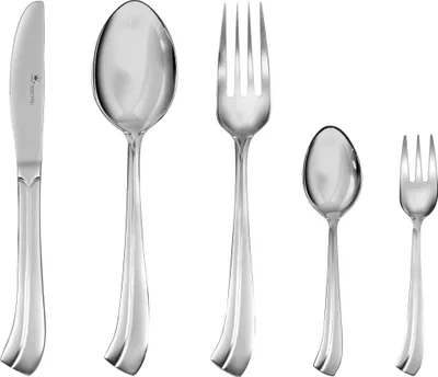 Produktbild von 68tlg. KING® Besteckset Milano / Edelstahl 18/0 / Messerstahl / 12x Menümesser, 12x Menülöffel, 12x Menügabel, 12x Kaffeelöffel, 12x Kuchengabel, 2x Aufschnittgabel, 2x Gemüselöffel, 1x Sahnelöffel, 1x Soßenlöffel, 1x Tortenheber, 1x Zuckerlöffel