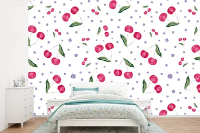 Produktbild von MuchoWow® Fototapete für Wohnzimmer oder Schlafzimmer Wandtapete Vinyl Motivtapete Kirschen - Obst - Weiß - 330x220 cm - Fototapeten