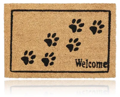Productafbeelding van Relaxdays deurmat "Welkom" met pootjesprint, kokos, 60 x 40 cm, voetmat voor binnen en buiten, antislip, naturel/zwart, AI-gegenereerde afbeelding