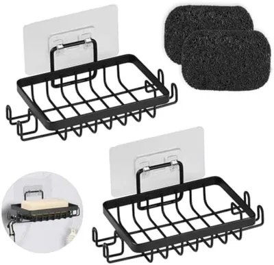 Produktbild von PolkaHome® 2er Set Edelstahl-Wandseifenschale, selbstklebend mit Haken und Seifenkissen, Seifenhalter für Dusche, Bad, Küche, rostfrei und