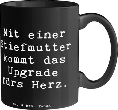 Produktbild von Mr. & Mrs. Panda Tasse Spruch Herz Stiefmutter - Schwarz - Geschenk, Henkelpott, Familienbindung, Dankeschön, Weihnachten, Upgrade, Liebe, Teetasse, einzigartige Designs