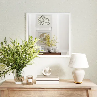 Produktbild von Wandspiegel 50x50 cm Weiß – Quadratischer Badezimmerspiegel mit 2 Haken, MDF & Glas