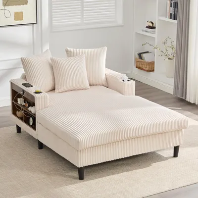 Immagine prodotto di Divano letto LVHOM con luci LED e porte USB, chaise longue con portabicchieri e vano portaoggetti, ampio divano singolo con portata fino a 300 kg, 3 cuscini inclusi, 129x170 cm, beige