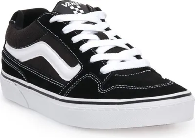 A black and white Vans sneaker is shown against a white background.