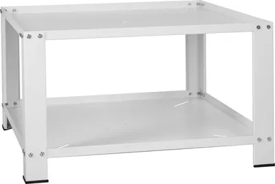 A white metal stand with two shelves, designed to hold a washing machine and dryer.