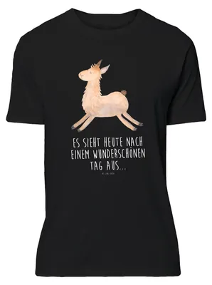 Produktbild von Mr. & Mrs. Panda S T-Shirt Lama Springen - Schwarz - Geschenk, Guten Morgen, Freundin, Abitur, Statement-Shirt, Lamas, Shirt, Lustiges, Tshirt, Start