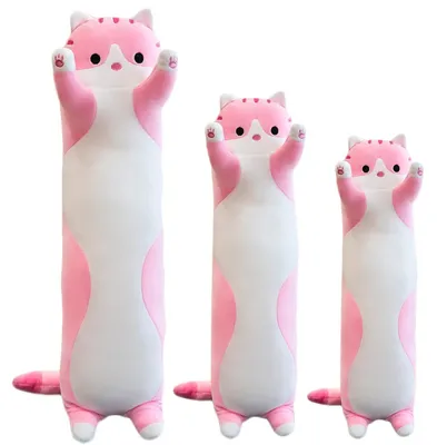 Image de Coussin peluche doux et moelleux en forme de chat - Rose - 90 cm - Idéal pour les enfants