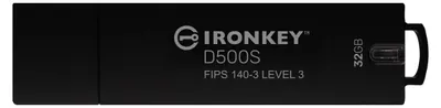 Zdjęcie produktu dla Kingston Technology IronKey 32GB D500S FIPS 140-3 Lvl 3 AES-256, 32 GB, USB Typu-A, 3.2 Gen 1 (3.1 Gen 1), 260 MB/s, Pokrywka, Czarny