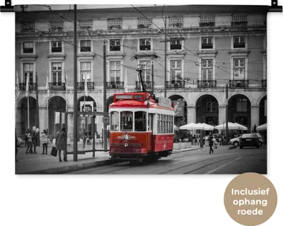 Produktbild von MuchoWow® Wandteppich Wandbehang Schwarz-Weiß-Foto mit einer roten Straßenbahn 60x40 cm Tapisserie Dekoration Wandtuch - Wanddekorationen
