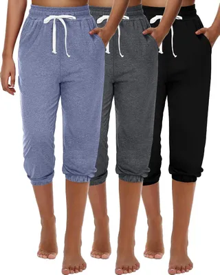 Productafbeelding van Dames capri joggingbroek met hoge taille, set van 3 stuks in zwart, donkergrijs en lichtblauw