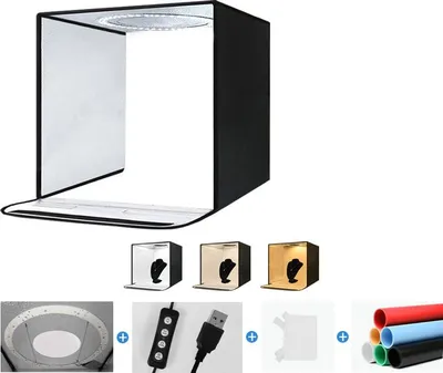 Produktbild von Fotobox 40x40 cm Faltbares Fotozelt mit 3 Hintergründen in verschiedenen Farben