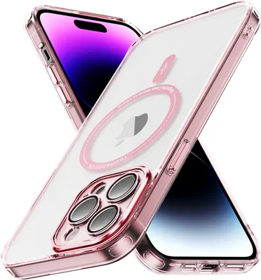 Immagine prodotto di Custodia magnetica trasparente per iPhone 14 Pro Max, compatibile con MagSafe, custodia protettiva ibrida antiurto rosa