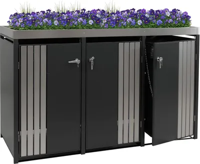 Immagine prodotto di coperchio per cestino a 3 scomparti HWC-O67, cestino con fioriera, metallo 125x196x84cm 75kg ~ acciaio inox antracite