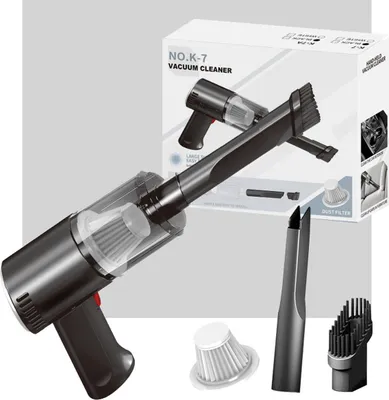 A product shot of a handheld vacuum cleaner and its accessories, presented with packaging and feature callouts.