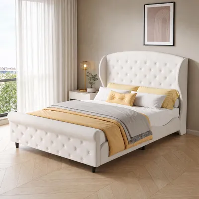 Produktbild von UnboxG Polsterbett 140x200 cm Beige, Doppelbett mit Samtbezug, Gepolstertes Bettgestell mit Lattenrost, Modernes Stoffbett mit Komfortablem Kopfteil für Schlafzimmer