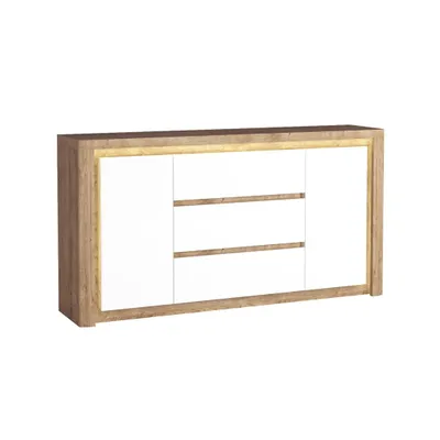 Produktbild von Bettso Kommode Sideboard mit 3 Schubladen und 2 Türen für Schlafzimmer Wohnzimmer LIVINIO 184 x 97 cm Weiß Glanz + Eiche